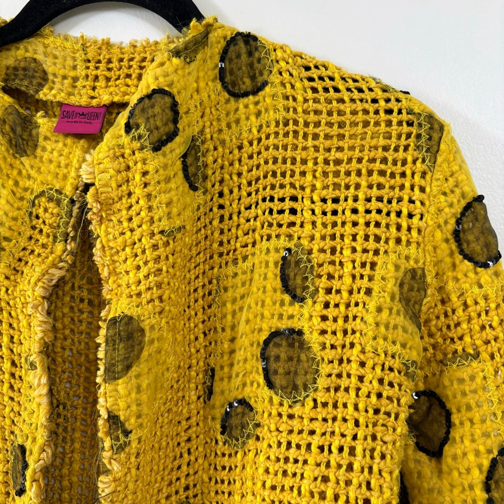 Save The Queen Yellow Silk Cotton Abstract Lace Art to Wear Cardigan Top Women L - Picture 2 of 15
